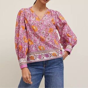 Ann Taylor Women’s Floral V-Neck Blouse Medium - 100% Cotton - Blouson Sleeves
